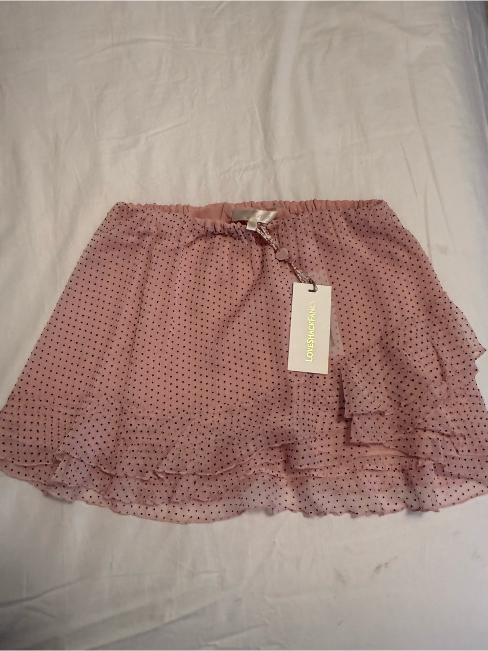 LoveShackFancy Dusty Pink Polka Dot Ruffle Mini Skirt